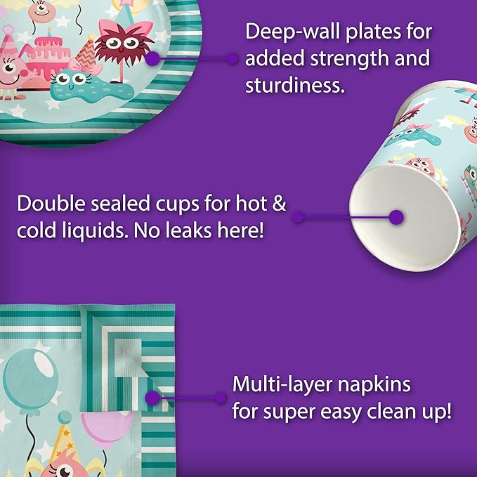 Mighty Monster Girl Birthday Party Supplies Set Plates Napkins Cups Tableware Kit for 16