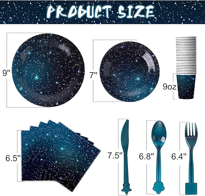 Tiamon 171 Pcs Galaxy Space Party Decoration Tableware Set Space Theme Birthday Decoration Galaxy Tablecloth Paper Plates Napkins, Birthday Banner for 24 Guests Party Supplies (Fresh Style)