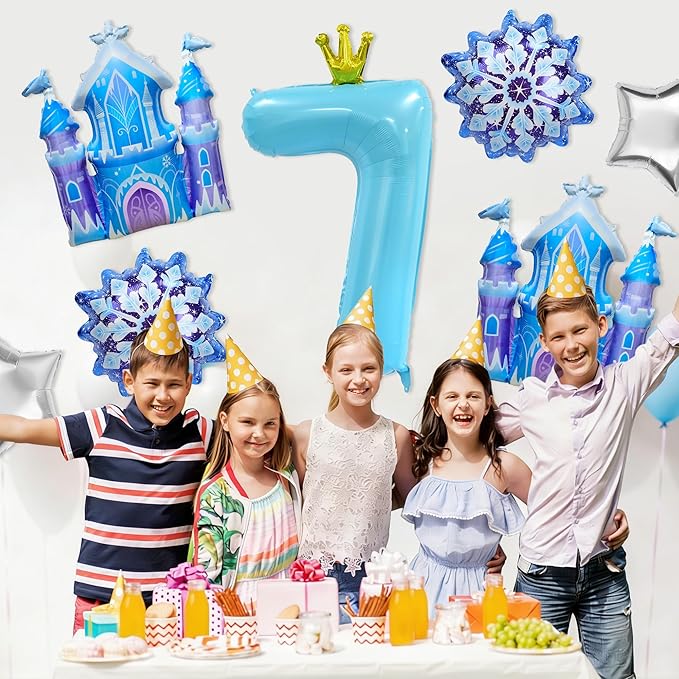 7Pcs 7th Birthday Party Decorations Balloons,Winter Snowflake Balloons Large Blue 40 Inch Number 7 Balloon Foil Star Castle Ballon for Birthday Party Favor Decor Supplies Winter Wonderland Decoration