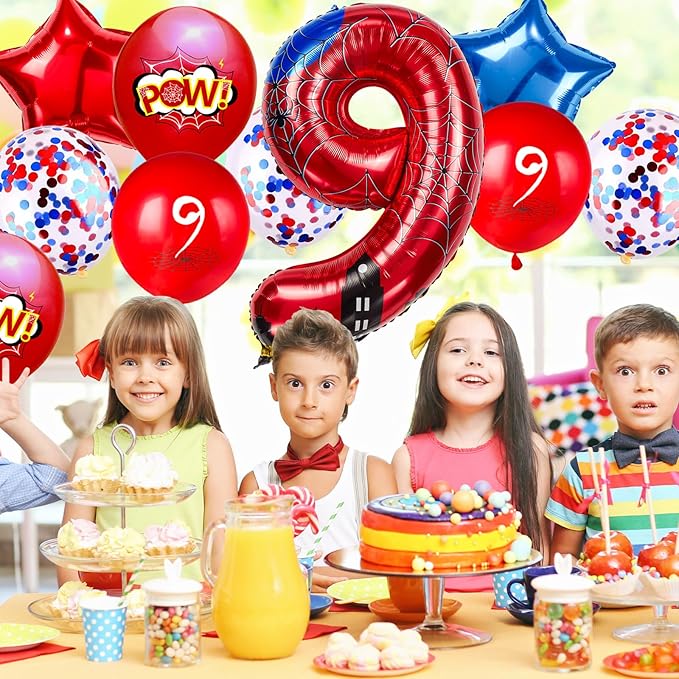 Cartoon Hero 40 Inch Red and Blue Spider Theme Number Foil Birthday Decoration Balloons, Cartoon Party Birthday Supplies, Number Balloons for Spider Theme Party (9)