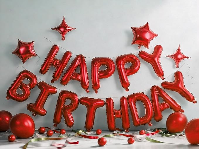 Red Happy Birthday Banner Balloon Aluminum Foil 16 Inch Letter,10 Inch Five Pointed Star Four Pointed Star Suitable for Kids, Men, Women, Boys and Girls Party Decoration Supplies