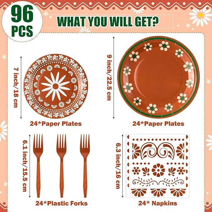 96Pcs Platos De Barro Mexicanos Cielito Lindo Terracotta Clay Party Plates Supplies Tableware Decorations Disposable Paper Plates Napkins Forks for Birthday Wedding Baby Shower, Serves 24