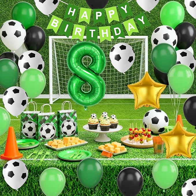 Soccer Party Decorations for Boys, 8th Soccer Birthday Decoration with Green Black White Balloons 'HAPPY BIRTHDAY' Banner Cake Toppers 32in Foil 8 Balloon for Kids Boys Men Birthday Decor