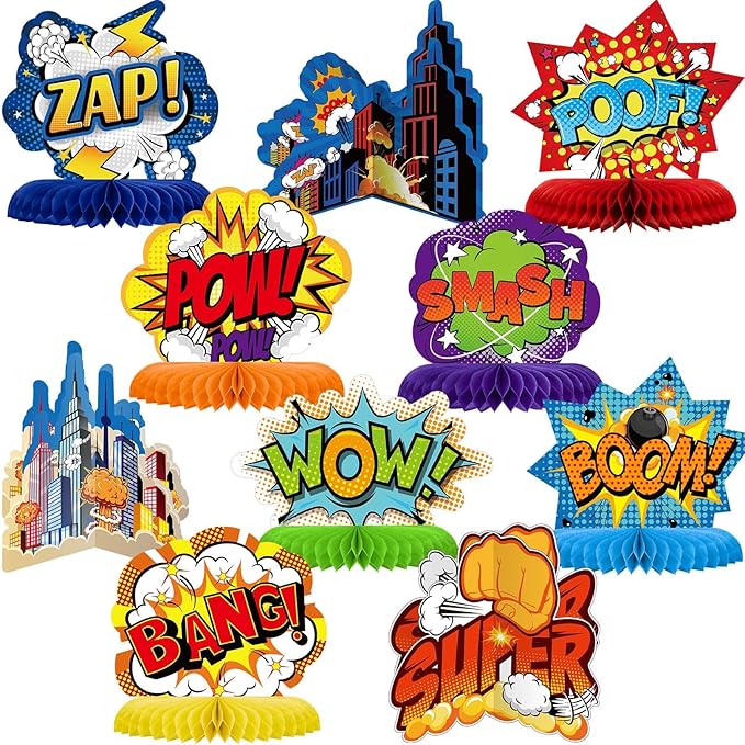 10 Pieces Hero Themed Party Decoration Hero Themed Honeycomb Centerpieces 3D Table Topper Paper Large Word Action Sign Standing Cards for Birthday Baby Shower Decor Party Supplies