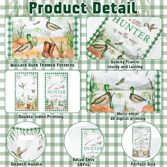 50Pcs Mallard Duck Baby Shower Party Favor Bags, A Little Hunter Is On The Way Plastic Goody Candy Treat Bags Party Decorations for Boys Girls Baby Shower Birthday Supplies