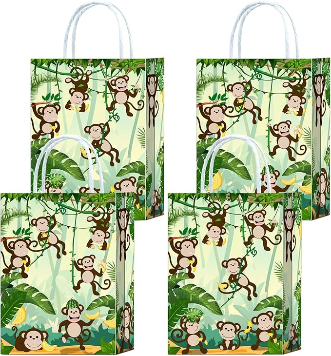 Tyndallrays 16 Pieces Monkey Goodie Bags for Birthday Party Supplies, Gift Snacks Treat Candy Favors for Kids Adults Jungle Theme Decorations