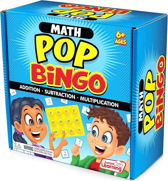 Junior Learning: Math Pop Bingo - Numbers Bubble Grid & Tile Game, Addition-Subtraction-Multiplication, Giant Problem-Solving Silicone Boards, Kids 6+
