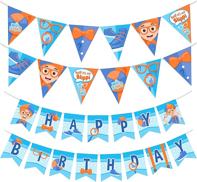 Treasures Gifted Officially Licensed Blippi Birthday Party Supplies - Set of 3 Pre-Strung Birthday Banners - 1 Banner & 2 Triangle Pennants - Blippi Party Decorations
