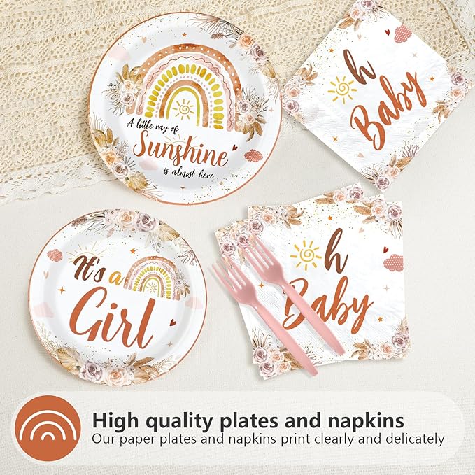 96 Pcs Boho Baby Shower Decorations for Girl Disposable A Little Ray of Sunshine Paper Plates and Napkins Boho Rainbow Baby Shower Tableware Set for Girl Birthday Party Supplies