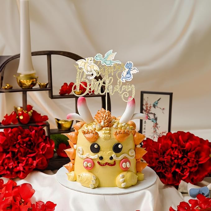 Ephlyn 1Pcs Dragon Happy Birthday Cake Topper Magical Dragon Cake Decorations for Fantasy Parties Flying Dragon Baby Shower Party Supplies