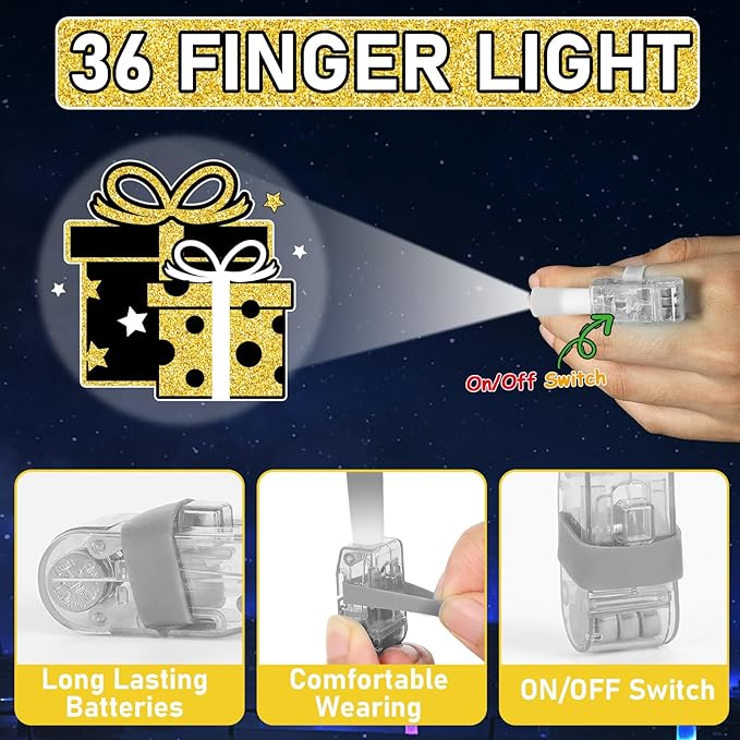 36PCS Happy New Year Finger Lights Happy New Year Eve Party Favors Glow in the Dark Light Up Finger Lights Black Gold Toys Bulk for Kids Birthday Party Goodie Bag Stuffer Birthday Gift Classroom Prize
