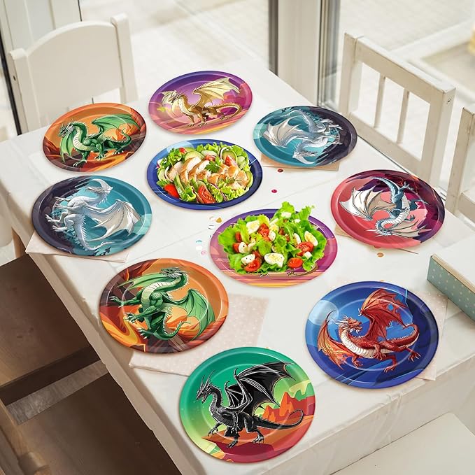 60pcs Dragon Birthday Party Paper Plates for Dragons Knight Party Decorations 7in Fantasy Dinosaur Disposable Dessert Plates for Baby Shower Boys Birthday Dragon Themed Parties Supplies