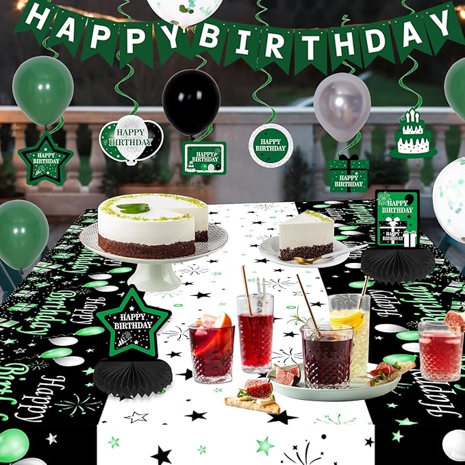 Green and Black Birthday Decorations, Green Party Decorations for Men Boys Women Girls with Balloons Arch Garland Kit Happy Birthday Banner Tablecloth Backdrop Decorations Bady Party Supplies