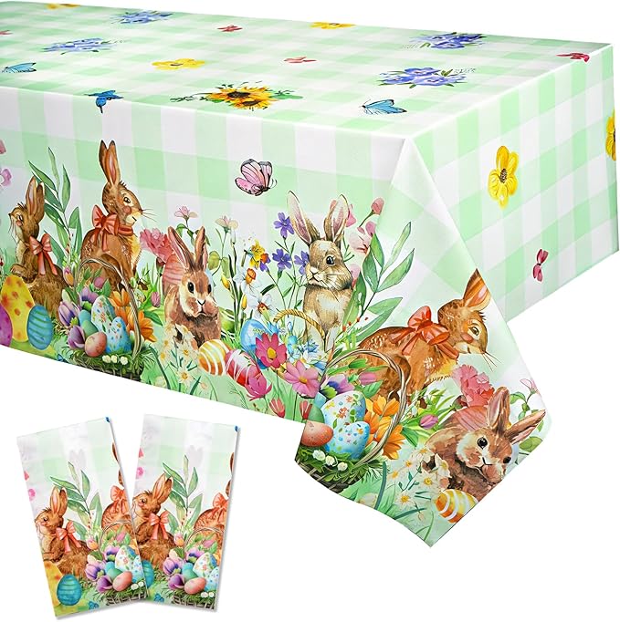 Accevo Easter Tablecloth 54 x 108 Inch Rectangle,2 Pack Easter Decorations, Disposable Plastic,Easter Bunny Table Cloth for Dining Room Spring Oblong Tablecloth Indoor Decor Party