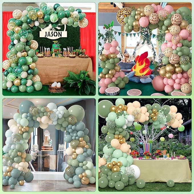 Amandir 148pcs Sage Green Balloon Garland Arch Kit, Different Sizes 18 12 10 5 inch Sage Green Gold Latex Metallic Confetti Gold Balloons St. Patrick's First Communion Safari Baptism Decorations