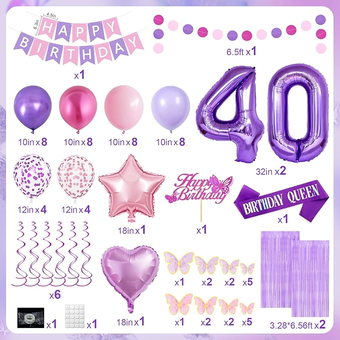 40th Purple Birthday Decorations for Women, Pink and Purple Happy 40 Birthday Party Decorations with Happy Birthday Banner, Number Foil Balloons, Butterfly Cake Topper for 40th Party Supplies