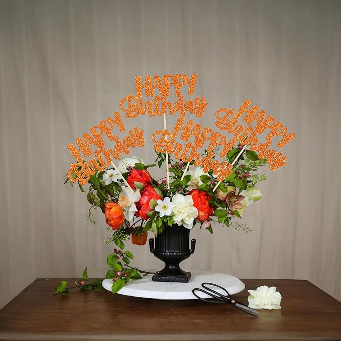 Gyufise 12Pcs Happy Birthday Centerpieces Sticks Double Sided Glitter Birthday Party Decorations Anniversary Table Flower Centerpiece for Celebrating Party Supplies Orange
