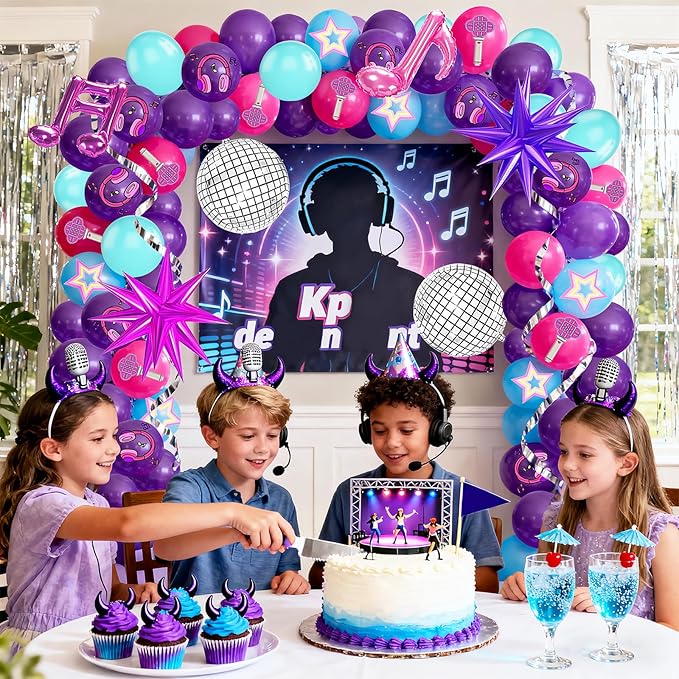 126 Piece Purple Blue And Pink Balloon Arch Kit, With Musical Symbols Print Balloons For Cartoon Magical Music Themed Birthday Party Decorations, Boys And Girls Gatherings Party Supplies