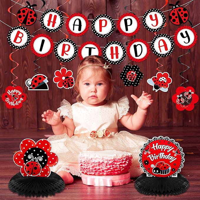Ladybug Fancy Birthday Party Decoration Kit Cute Ladybug Birthday Banner Ladybugs Honeycomb Centerpiece Hanging Swirls Decoration for Girls Baby Shower Party Supplies