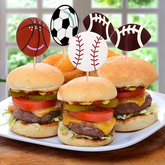 BLUE TOP 48pcs Two Side Sports Ball Cupcake Toppers Sports Theme Cupcake Picks Party Decor Football Baseball Basketball Rugby Decoration Picks for Olympics Games Celebration