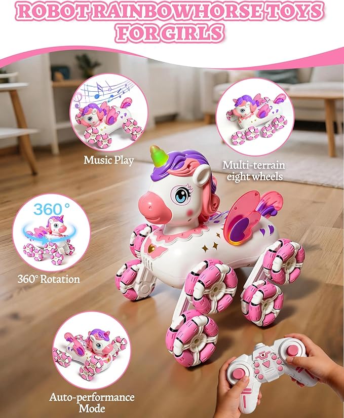 Remote Control Pink Robot Unicornios Pet - 8 Wheels Drift Race Outdoor Off-Road Car with 2.4Ghz 360°Automatic Demonstration Wings&Eyes Lights&Music, Birthday Toy Gift for 3+ Years Old Girls