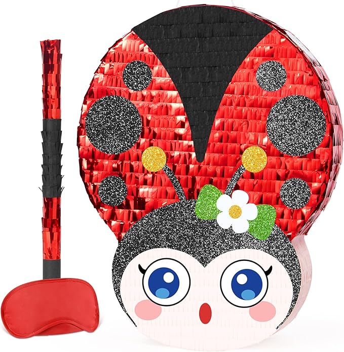 WERNNSAI Ladybug Piñata – Red Ladybug Party Piñata for Kids Birthday Games Garden Theme Parties Insect Theme Classroom Activities baby shower supplies with Blindfold and Stick