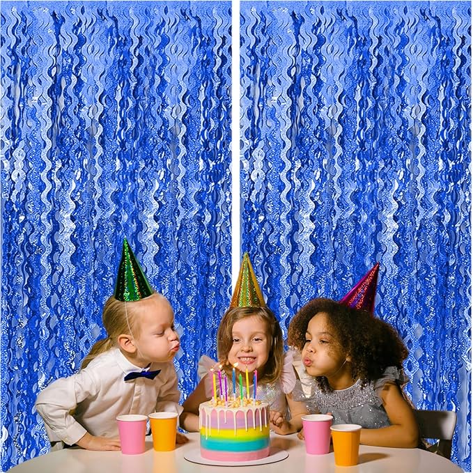 2 Pack Navy Blue Wavy Foil Fringe Curtains, 3.3x6.6 Ft Metallic Tinsel Wavy Backdrop Party Decorations Door Navy Blue Streamers for Birthday Wedding Engagement Decor,Party Supplies
