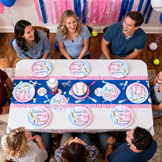 96 Pcs Baseball or Bows Gender Reveal Decorations Disposable Boy or Girl Gender Reveal Party Supplies Blue Pink Baseballs Themed Paper Plates and Napkins for Pregnancy Announcement Supplies，Serves 24