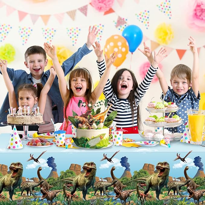 Tiamon 3 Pcs Dinosaur Tablecloth Dinosaur Party Table Covers Plastic Tablecloth for Kids Adults Birthday Party Picnic Supplies 54 x 108 Inch (Blue)