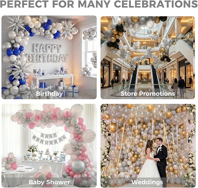 LovesTown 110PCS Silver Balloons, Silver Latex Balloon for Birthday Baby Shower Graduation Engagement Anniversary Wedding Party Supplies Garland Arch Decoration,12 Inches