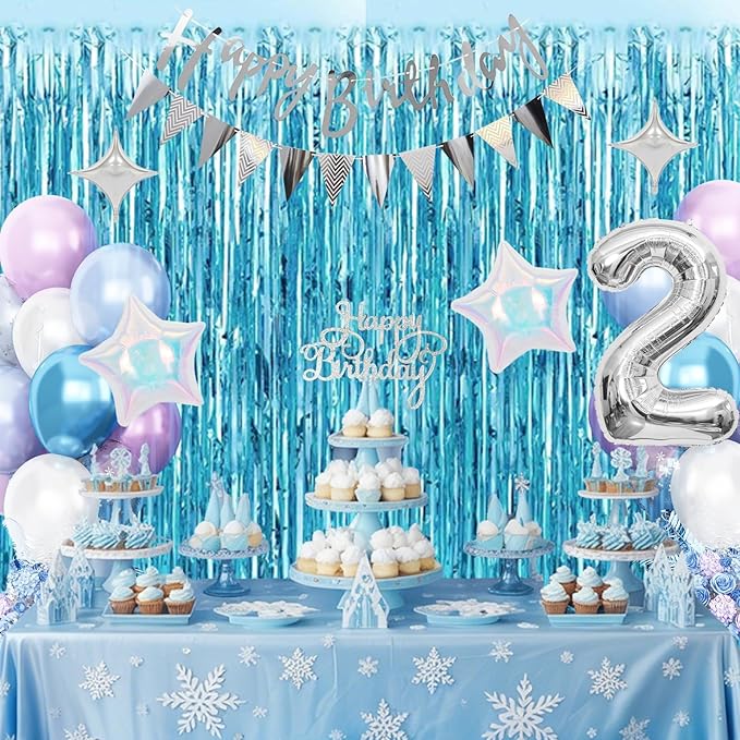 2nd Snow Birthday Decorations for Girl, Blue Purple Balloons with Happy Birthday Banner Curtain Silver Number 2 Balloon Iridescent Star Foil Balloons for Girls Baby Shower Birthday Party Supplies