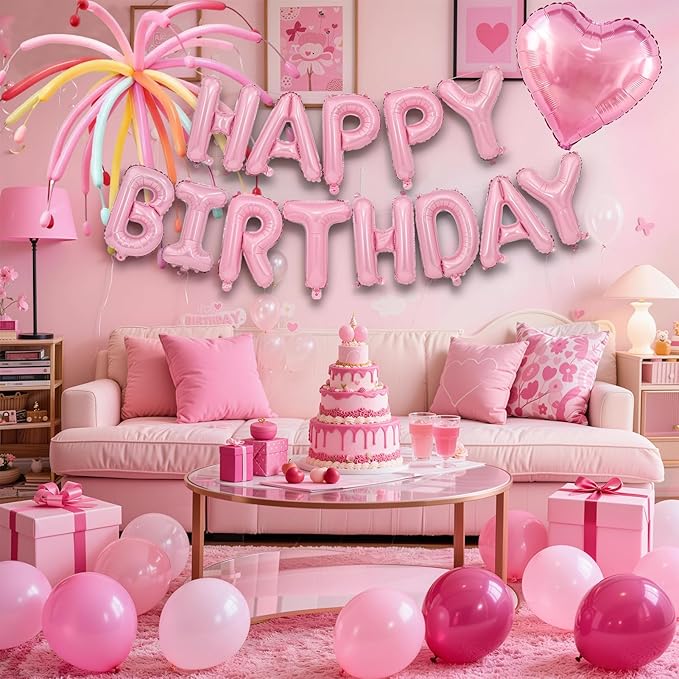 Pink Happy Birthday Banner Balloon Aluminum Foil 16in Letter, 12in Latex Balloons, 11.8in Long Balloons, 16in Love Heart Aluminum Foil Balloon, Men, Women, Party Decoration Supplies (Pink)
