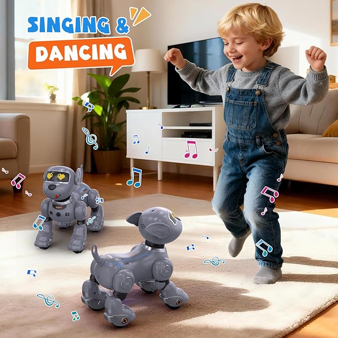 PRANITE Robot Dog, Programmable Remote Control Dog Toy for Kids with One-Key Following, Voice Control, Touch, Dance, Sing, Smart RC Stunt Puppy Toy Gift for Boys Girls (Gray)