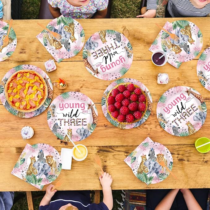 96Pcs Young Wild and Three Party Supplies Safari 3rd Birthday Plates and Napkins Safari Jungle Animal Disposable Paper Tableware Set for Girl 3 Year Old Birthday Party Supplies Serves 24