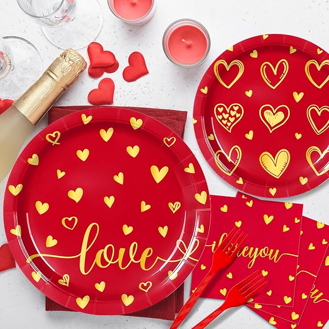 96 Pieces Valentine’s Day Love Tableware Set – Red and Gold Heart Disposable Plates, Napkins, and Forks for Romantic Dinners, Wedding, Anniversaries, and Valentine Celebrations – Serves 24 Guests