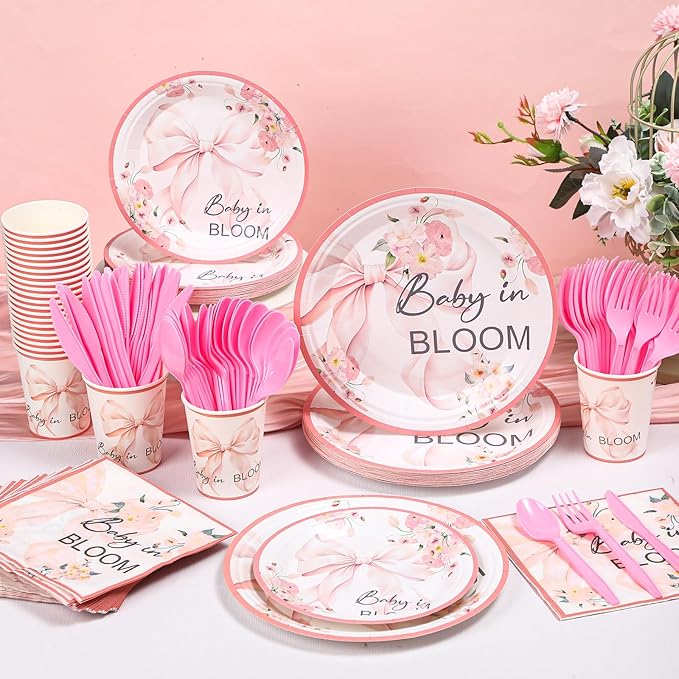 24 Set Baby in Bloom Wildflower Floral Party Tableware Set for Baby Shower Girl Birthday Decorations Coquette Pink Girl Bow 9" 7" Paper Plates Cups Napkins Party Supplies Dinnerware