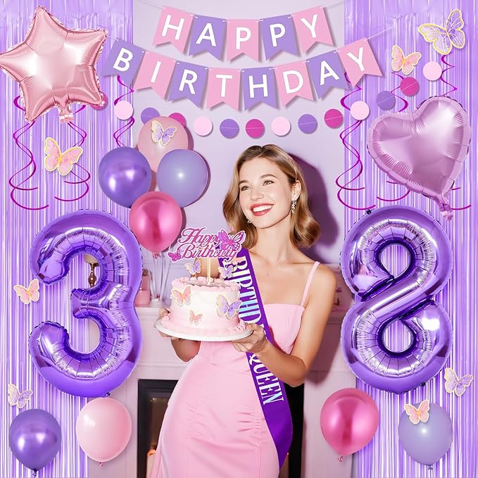 38th Purple Birthday Decorations for Women, Pink and Purple Happy 38 Birthday Party Decorations with Happy Birthday Banner, Number Foil Balloons, Butterfly Cake Topper for 38th Party Supplies