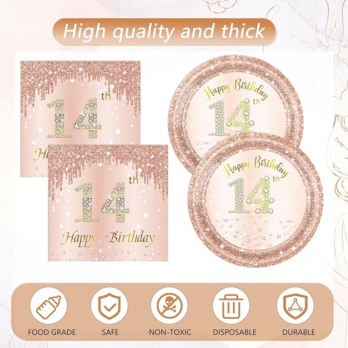 41Pcs 14th Birthday Decorations for Girls,Sweet Rose Gold 14th Birthday Plates and Napkins,Tablecloth Happy 14 Years Birthday Party Tableware Set for 14 Year Old Girls Teenager Party Favor Supplies