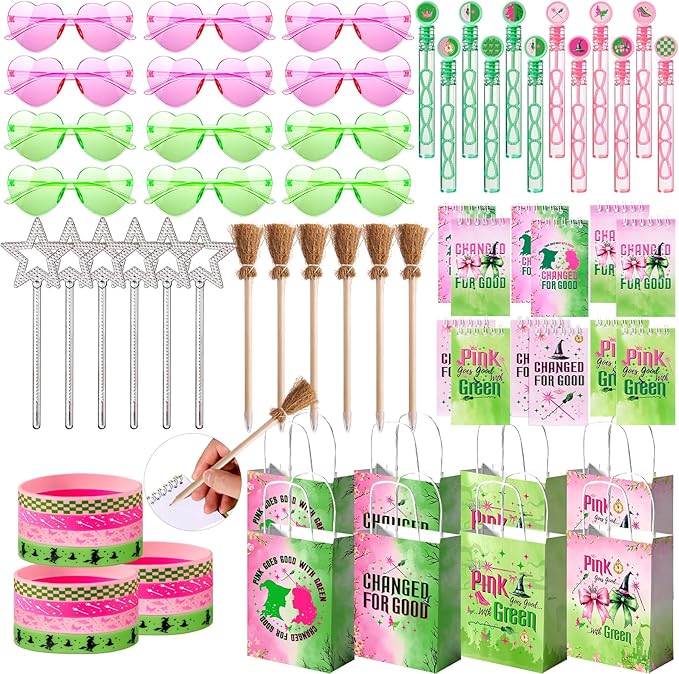 Vanblue 72Pcs Pink and Green Witch Party Favors Birthday Decorations,Star Wands,Glasses Goodie Bag Stuffers Pinata,Classroom Rewards for Kids Student Birthday Gift School Party Supplies