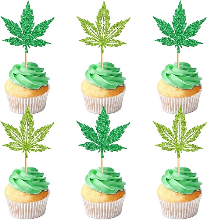 Ercadio 24 Pcs Green Glitter Marijuana Cupcake Toppers Have a Dope Birthday Cake Topper Cake Decorations for Men Women Marijuana Them Party Supplies