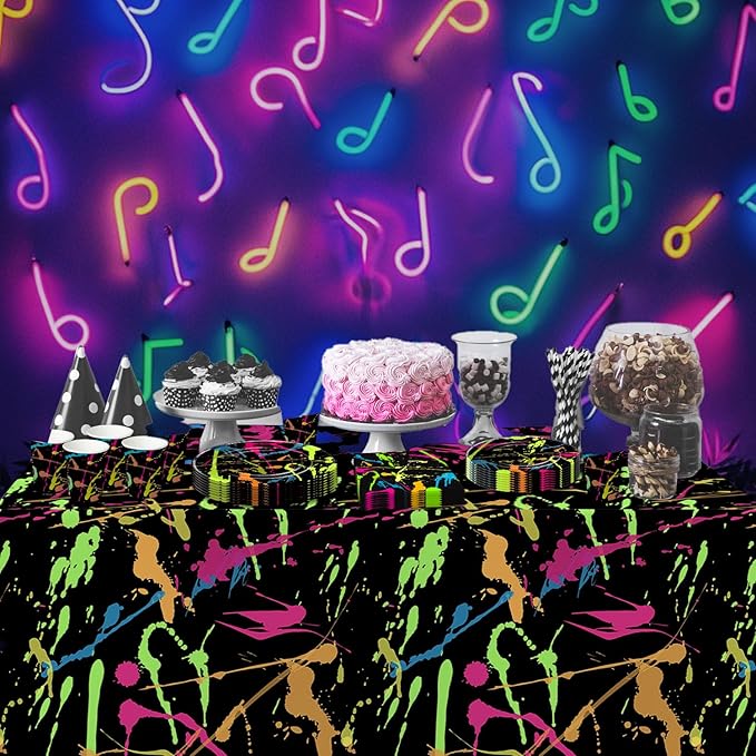 Neon Party Supplies Tablecloth - Disposable Glow Birthday Party Decorations Table Cover, Neon Glow Graffiti Theme Birthday Baby Shower Table Cloth - 4 Pack (54in x 108in)