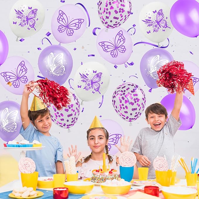 Purple and White Latex Balloons - 12 Inch Butterfly Print for Girls, Women, Baby Shower, Birthday Party, Graduation Decorations