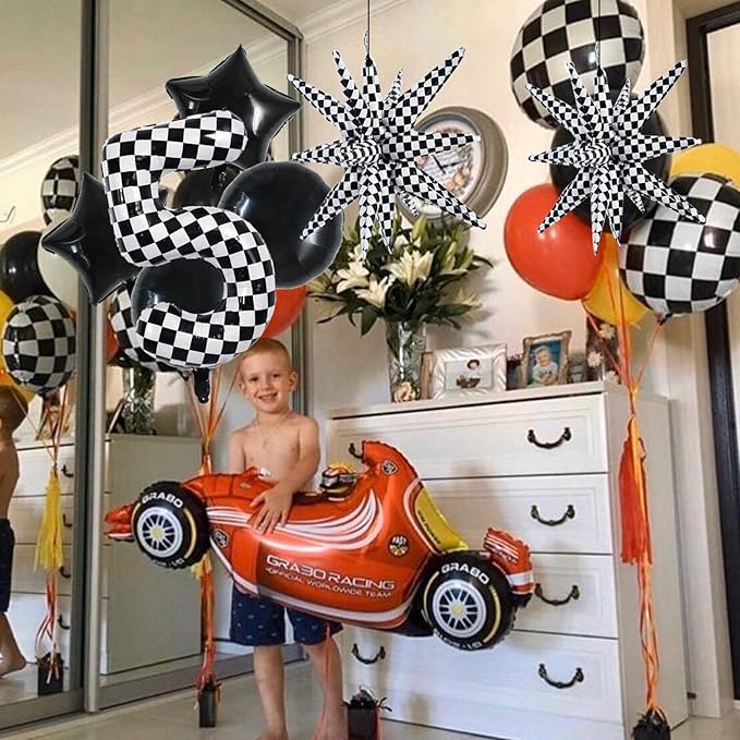 TONIFUL 40 Inch Checkered 5th Birthday Balloons Set Number 5 Race Car Black White Checkered Round Explosion Star Balloons Boys Race Car Themed Birthday Party Decoraction