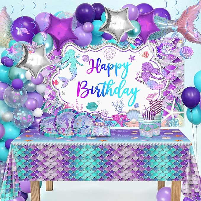 Avezano 321 PCS Mermaid Birthday Party Supplies Includes Disposable Paper Plates, Cups, Napkins, Tablecloth, Banner & Balloon Arch Kit for Girls Women Mermaid Party Decorations, Serves 24