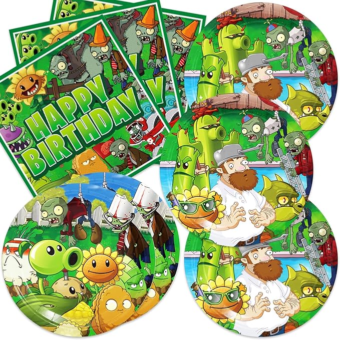 40Pack Plants Zombies Birthday Party Supplies include 20 plates, 20 napkins for Zombies Party Decoration Invitation Cards