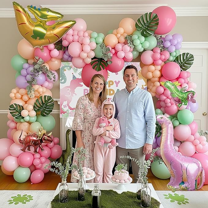 Three Rex 3rd Birthday Decorations with Pastel Pink Green Dinosaur Balloon Garland Dino Foil Balloons ROAR Banner Backdrop Footprint Stickers Palm Leaves for Girls 3 Year Old Dinosaur Party Supplies