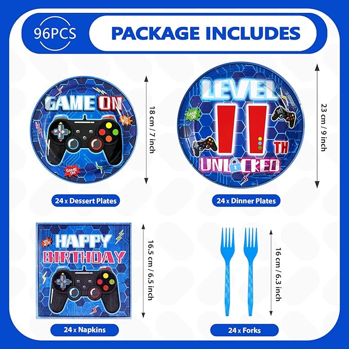 Grencian 96Pcs 11th Birthday Decorations for Boys Blue Video Game 11th Birthday Plates Disposable Paper Tableware Set for Kids Boys Girls 11 Year Old Video Game Theme Party Supplies, Serves 24
