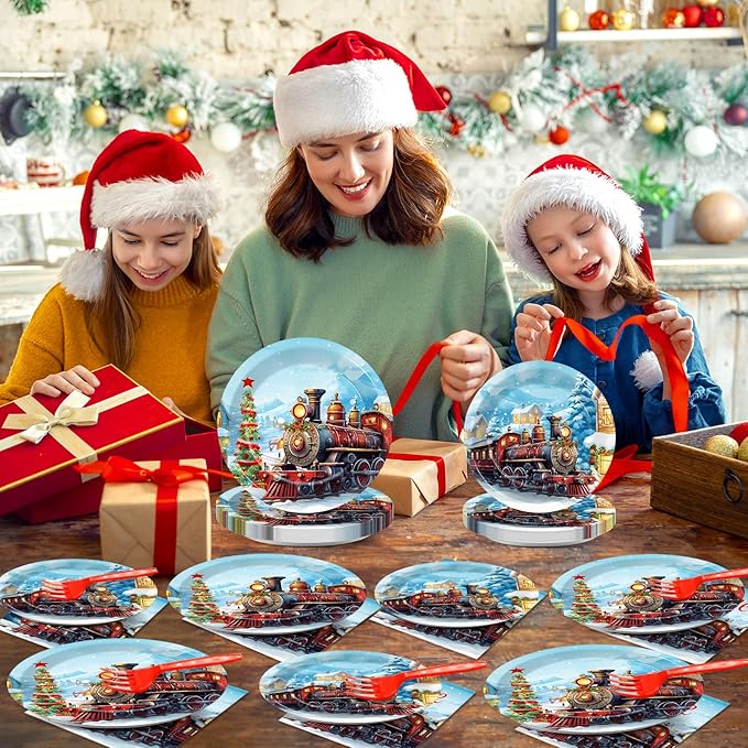 gisgfim 96 Pcs Christmas Train Plates and Napkins Party Supplies Christmas Believe Dinnerware Tableware Set Disposable Xmas Paper Plates Party Decorations Favors for Winter Holiday Serves 24