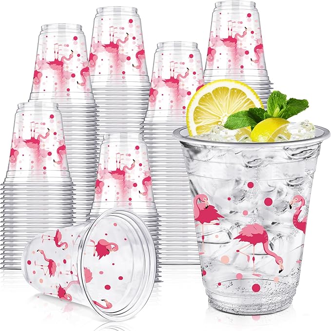 Uiifan 50 Pcs Flamingo Plastic Cups Bulk Summer Tropical Party Favor 12 oz Disposable Pink Flamingo Cups Hawaiian Luau Birthday Party Supplies for Hot Cold Drinking Beverage Bridal Shower Wedding