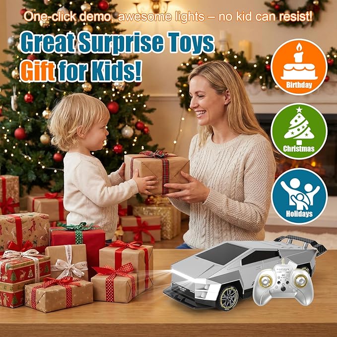 Remote Control Car/RC Truck – 2.4 GHz All-Terrain Cyber Vehicles with One-Touch Demo and Three Adjustable LED Light Effects, Off-Road Pick-Up Hobby Monster Truck Toys Gifts for Boys Aged 3+ (Silver)
